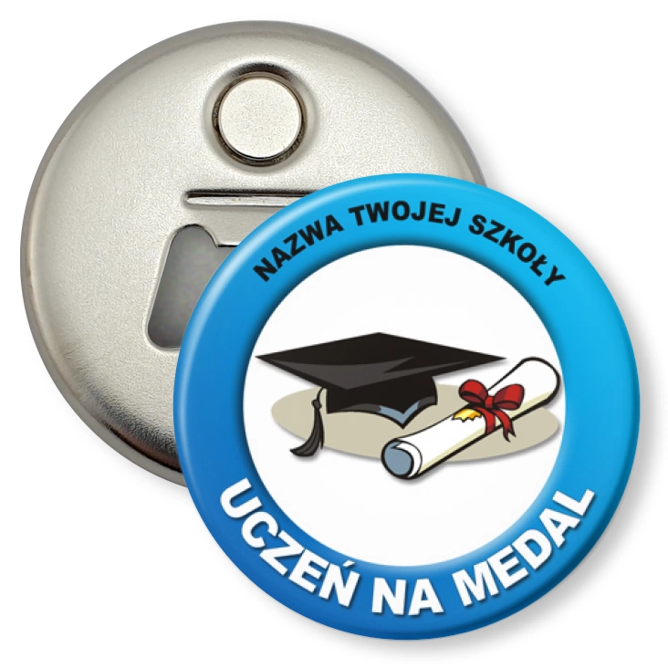 przypinka otwieracz-magnes Uczeń na medal z biretem i dyplomem
