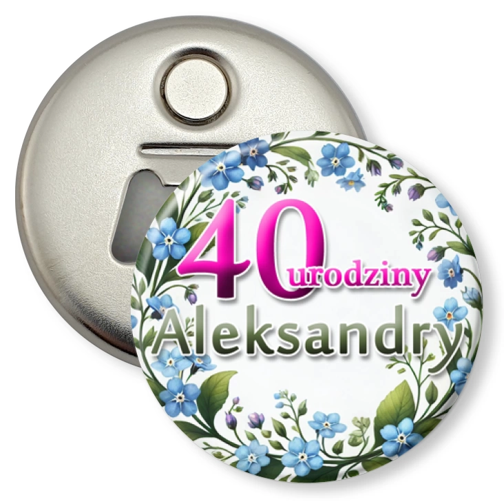 przypinka otwieracz-magnes Urodziny z niezapominajkami