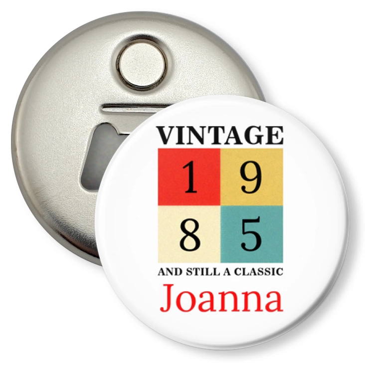 przypinka otwieracz-magnes Vintage 1984 wpisz imię
