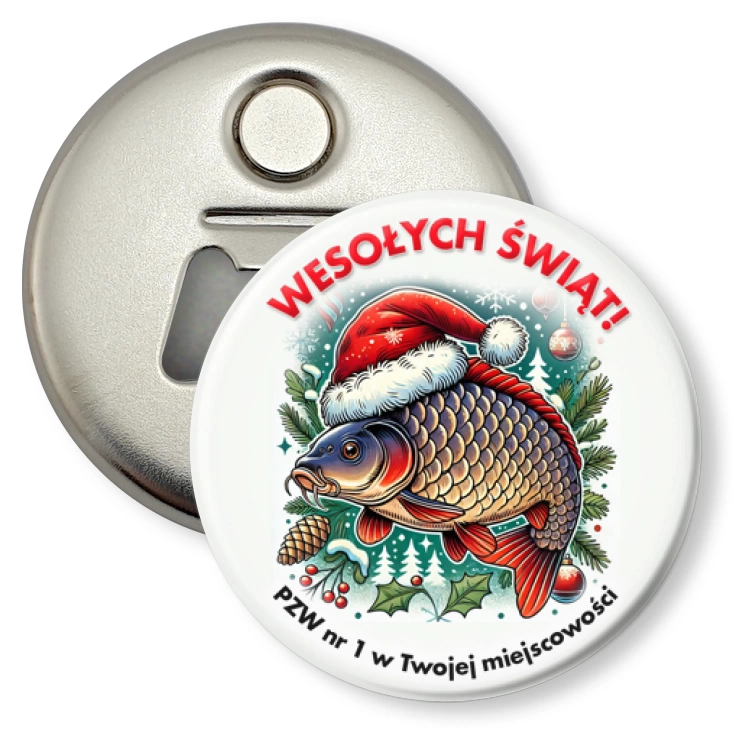 przypinka otwieracz-magnes Wesołych świąt od wędkarzy