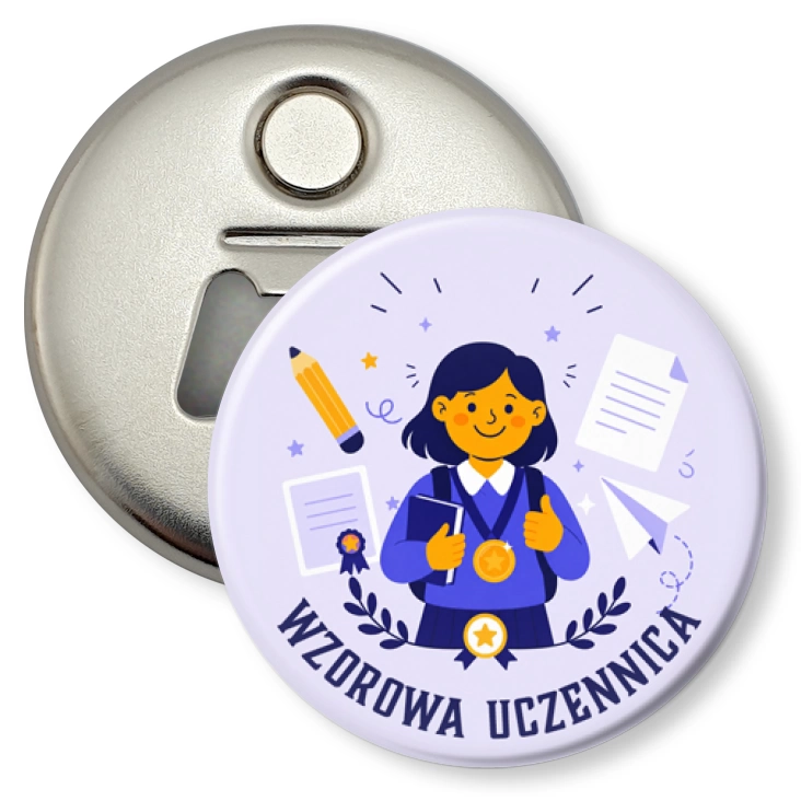 przypinka otwieracz-magnes Wzorowa uczennica na lawendowym tle