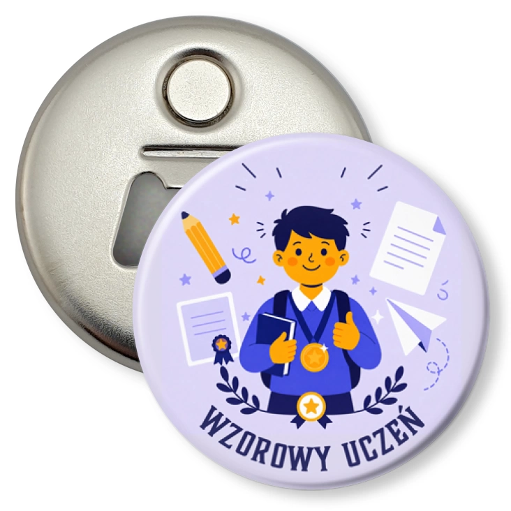przypinka otwieracz-magnes Wzorowy uczeń na lawendowym tle