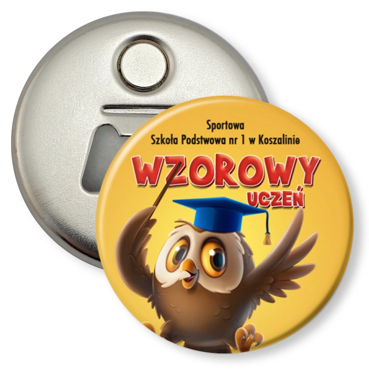 przypinka otwieracz-magnes Wzorowy uczeń Sportowa SP nr 1 w Koszalinie