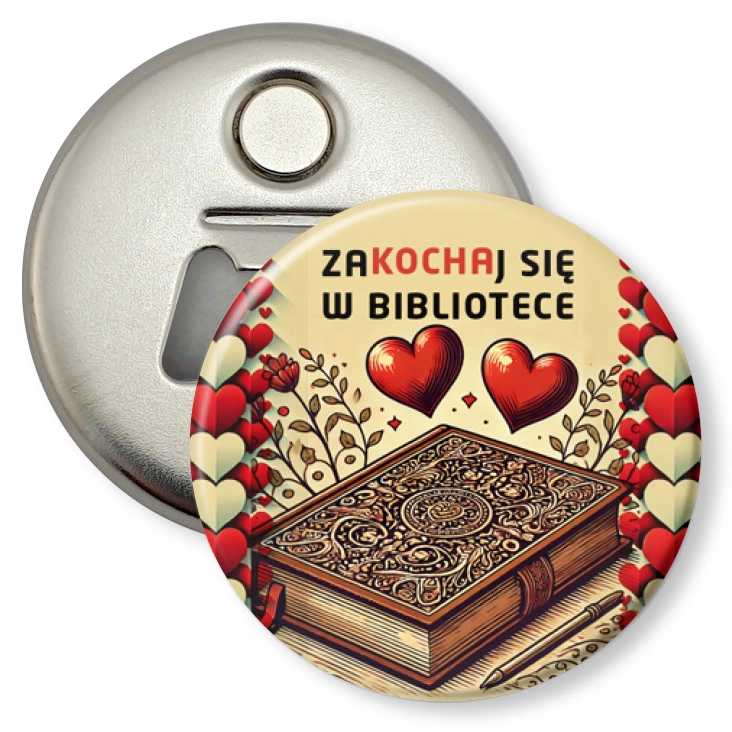 przypinka otwieracz-magnes Zakochaj się w bibliotece serca