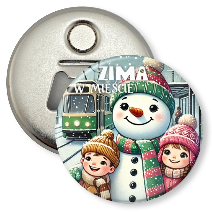 przypinka otwieracz-magnes Zima w mieście