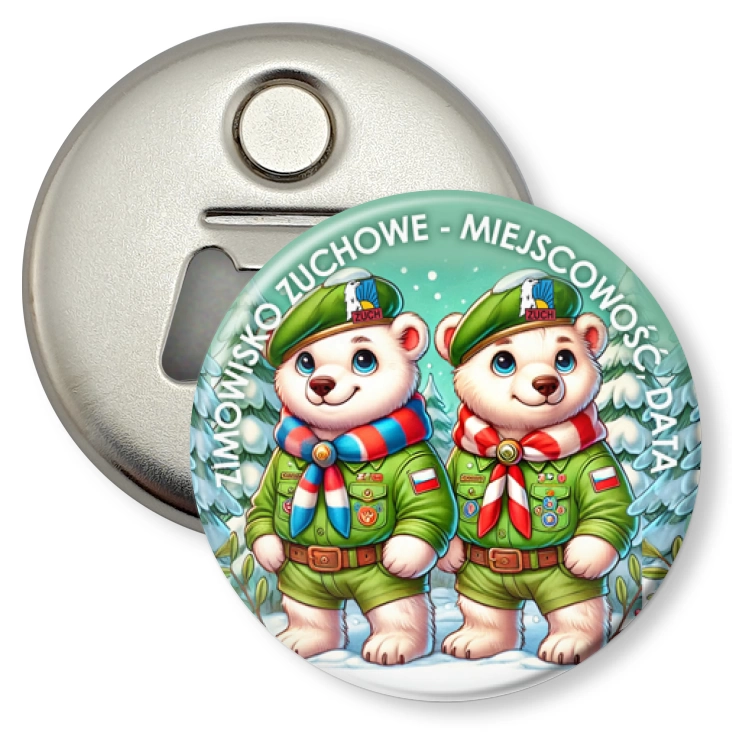 przypinka otwieracz-magnes Zimowisko zuchowe z misiami