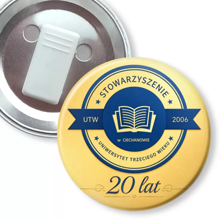 przypinka z żabką 20 lat UTW Ciechanów