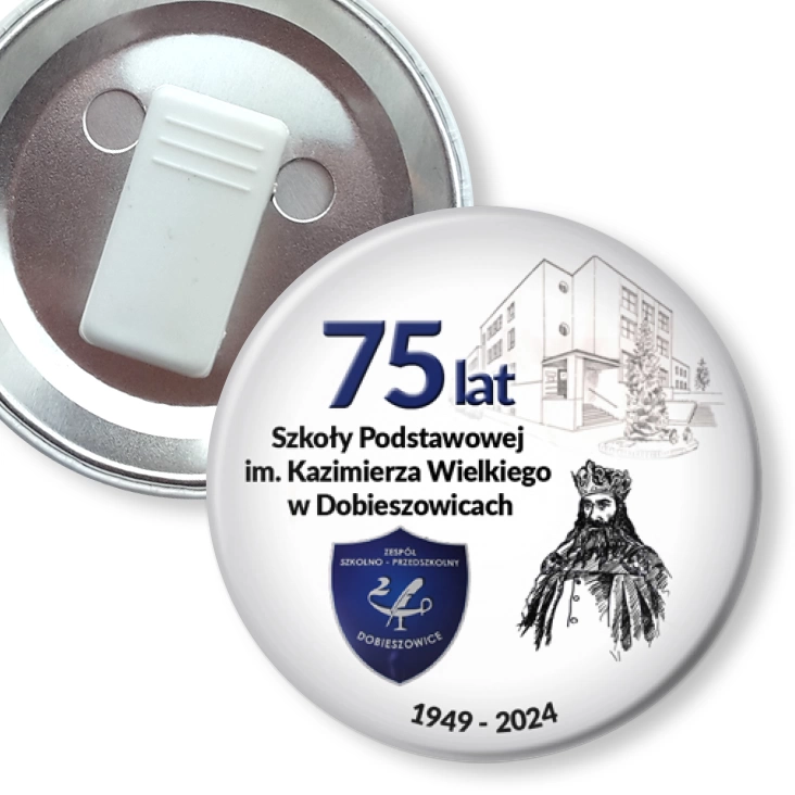 przypinka z żabką 75 lat SP w Dobieszowicach