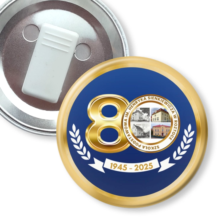 przypinka z żabką 80 lat SP w Roztoczu