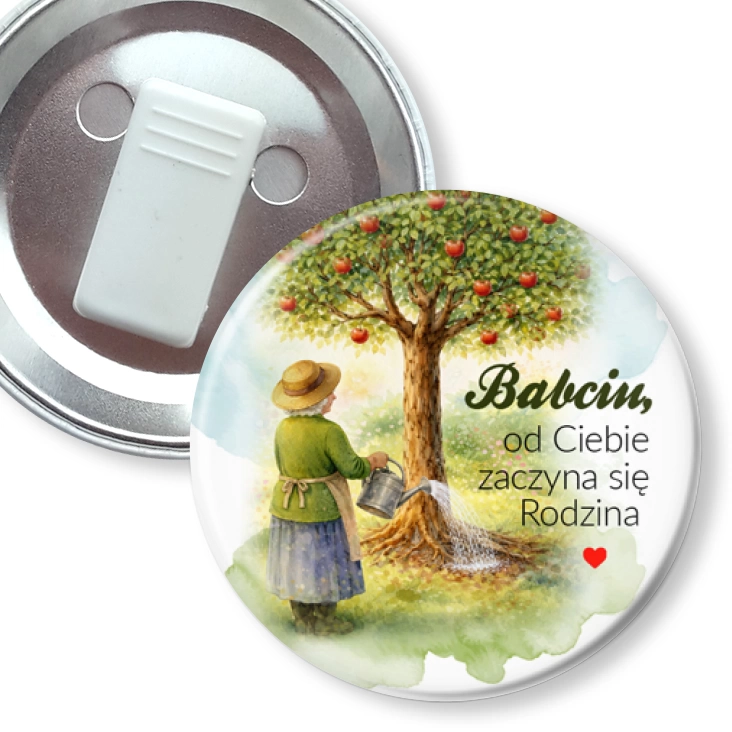 przypinka z żabką Babcia pielęgnuje drzewo rodzinne