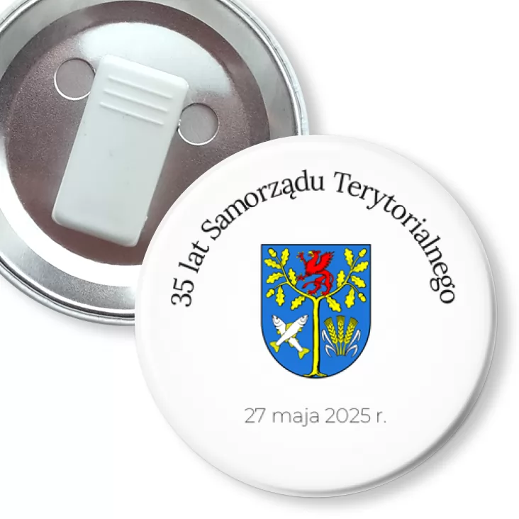 przypinka z żabką Białogard 35 lat Samorządu Terytorialnego