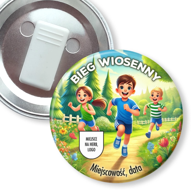 przypinka z żabką Bieg wiosenny dzieci na leśnej ścieżce