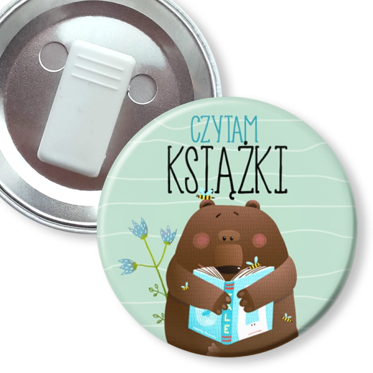 przypinka z żabką Czytam książki niedźwiadek