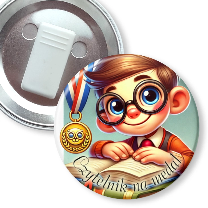 przypinka z żabką Czytelnik na medal