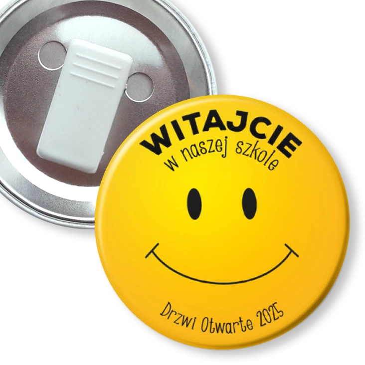 przypinka z żabką Drzwi Otwarte Witajcie w naszej szkole