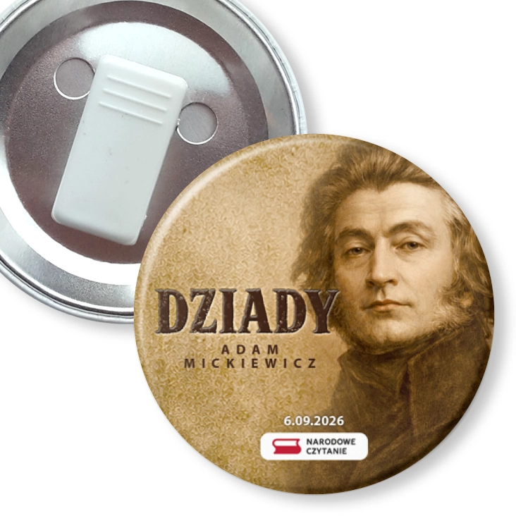 przypinka z żabką Dziady Adam Mickiewicz sepia
