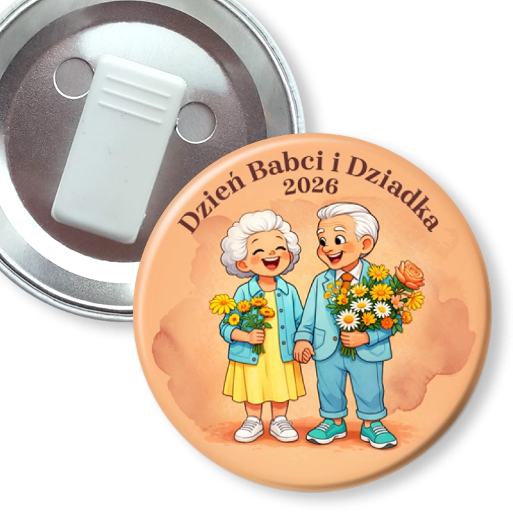 przypinka z żabką Dzień Babci i Dziadka para uśmiechniętych dziadków