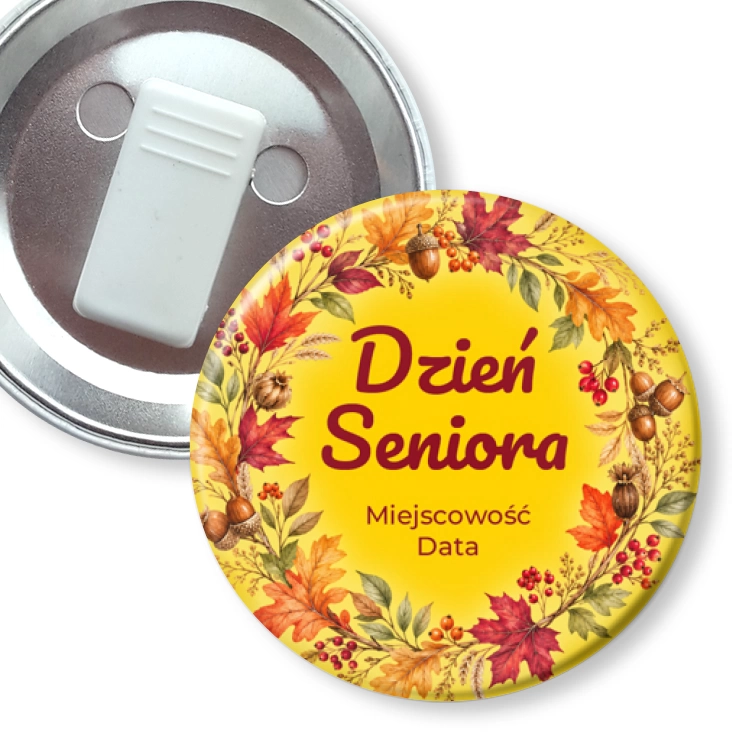 przypinka z żabką Dzień Seniora jesienny wieniec
