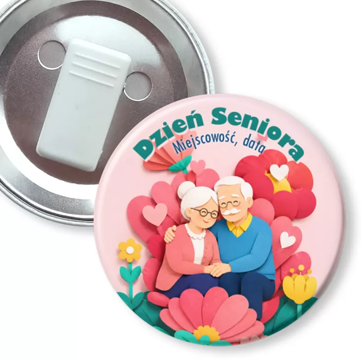 przypinka z żabką Dzień Seniora para seniorów w kwiatach