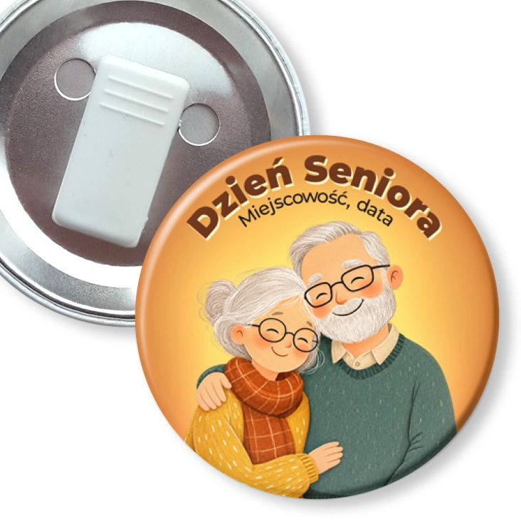 przypinka z żabką Dzień Seniora uśmiechnięta para seniorów