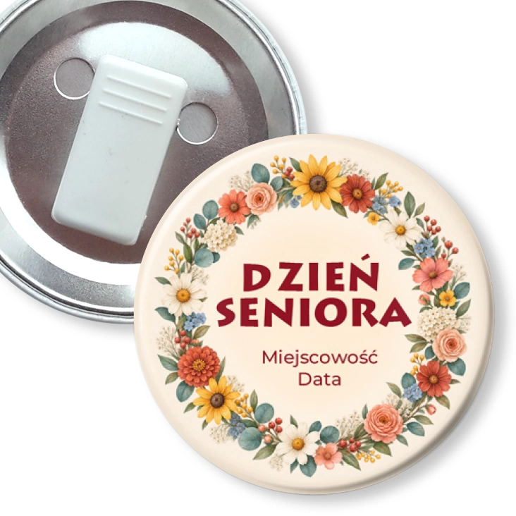przypinka z żabką Dzień Seniora wianek z kwiatów