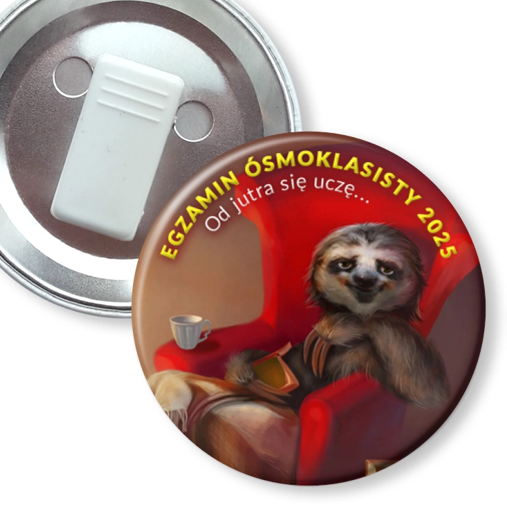 przypinka z żabką Egzamin Ósmoklasisty leniwiec