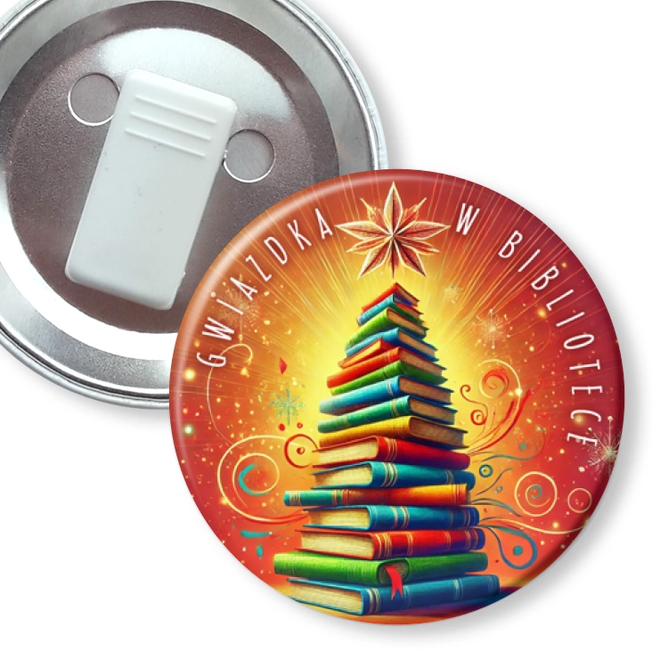 przypinka z żabką Gwiazdka w bibliotece