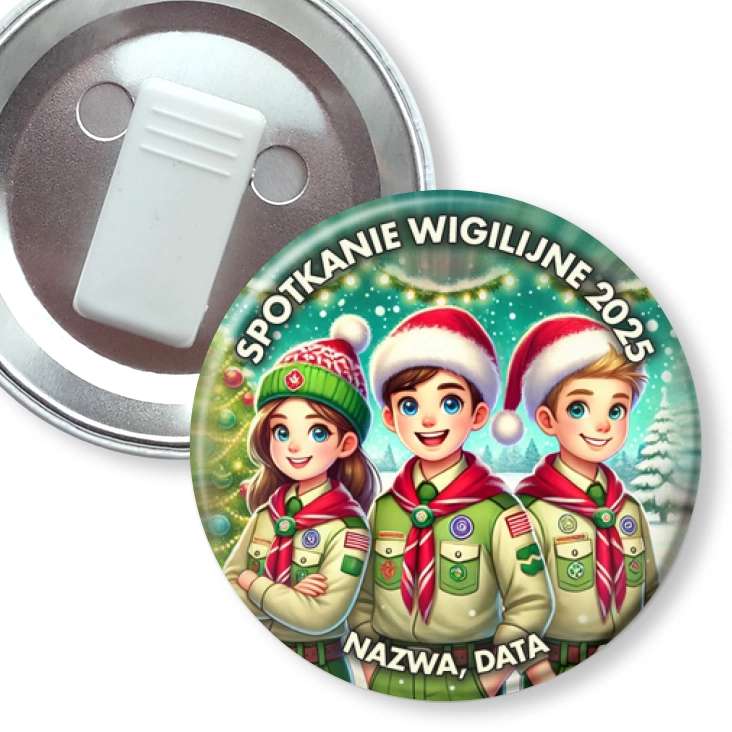przypinka z żabką Harcerze w świątecznych czapkach