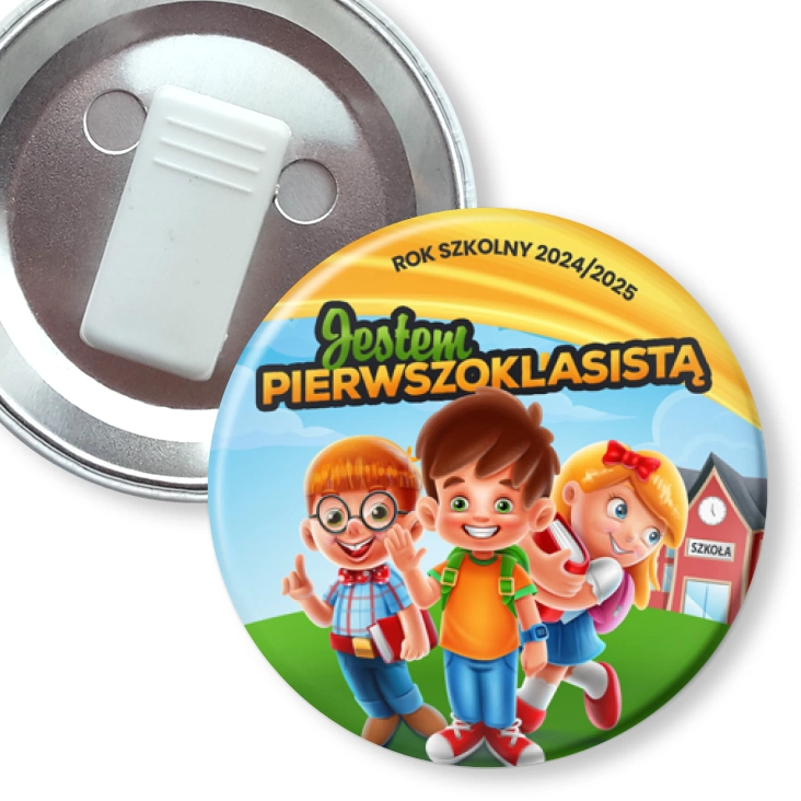 przypinka z żabką Jestem pierwszoklasistą z trójką dzieci