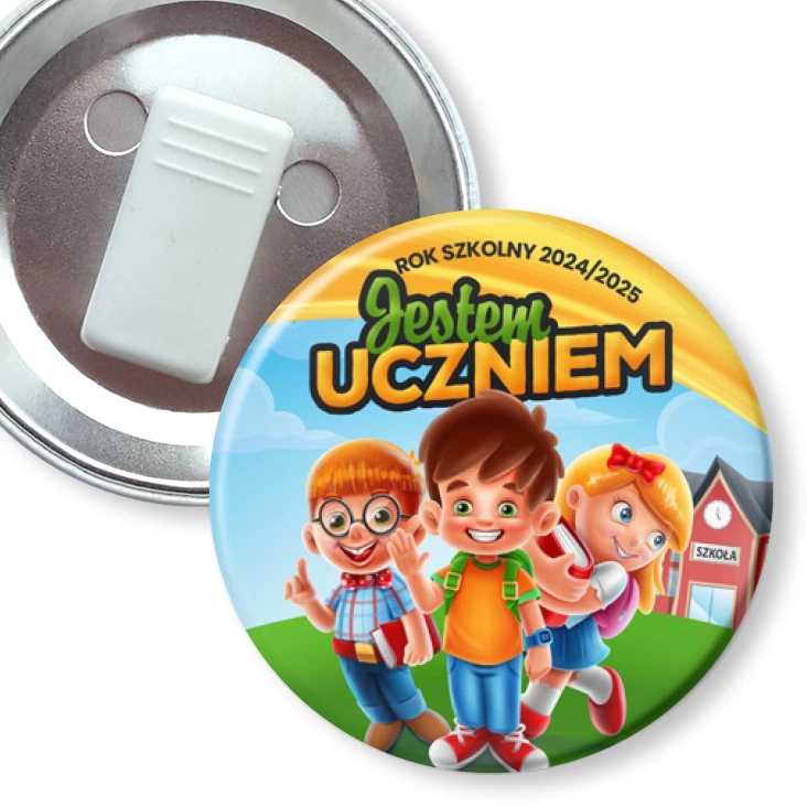 przypinka z żabką Jestem uczniem z trójką dzieci