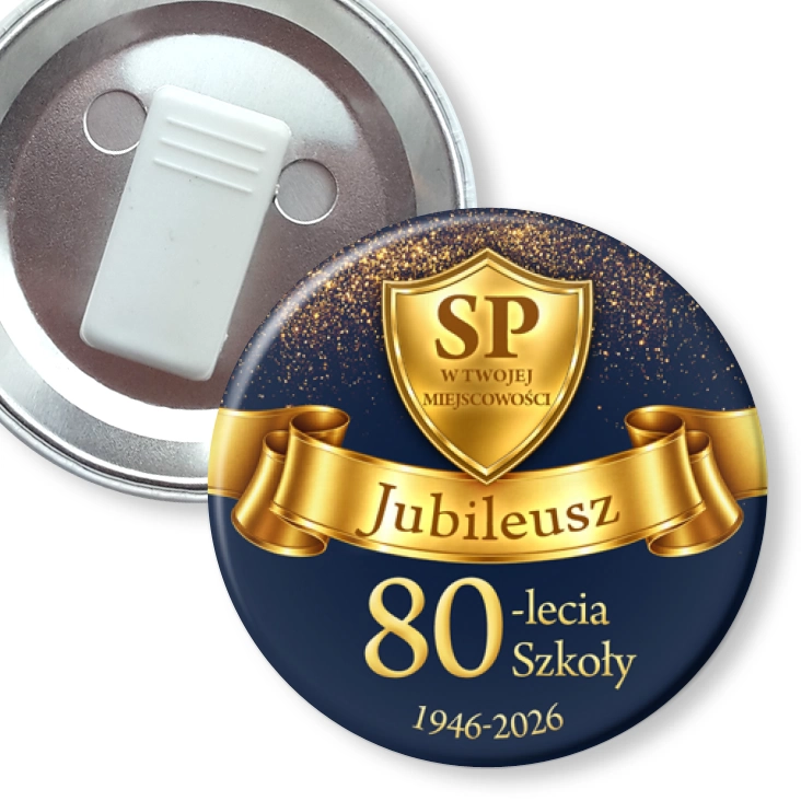 przypinka z żabką Jubileusz 80-lecia szkoły