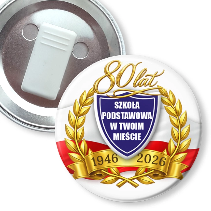 przypinka z żabką Jubileusz Szkoły w Twoim Mieście