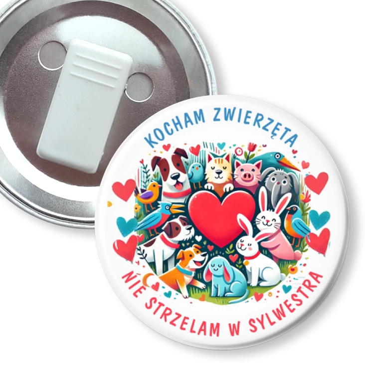 przypinka z żabką Kocham zwierzęta. Nie strzelam w sylwestra.