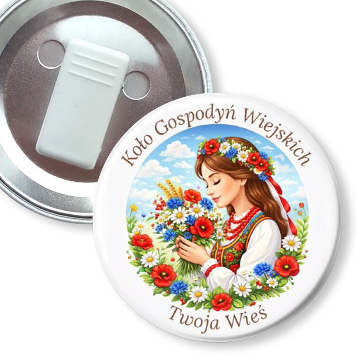 przypinka z żabką Koło Gospodyń Wiejskich dziewczyna z kwiatami