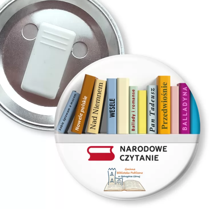 przypinka z żabką Narodowe Czytanie 2025 Biblioteka w Opinogórze