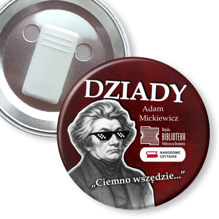 przypinka z żabką Narodowe Czytanie Bibliotek Publiczna w Sosnowcu