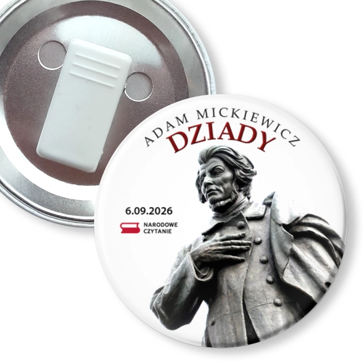 przypinka z żabką Narodowe Czytanie Dziadów Adama Mickiewicza