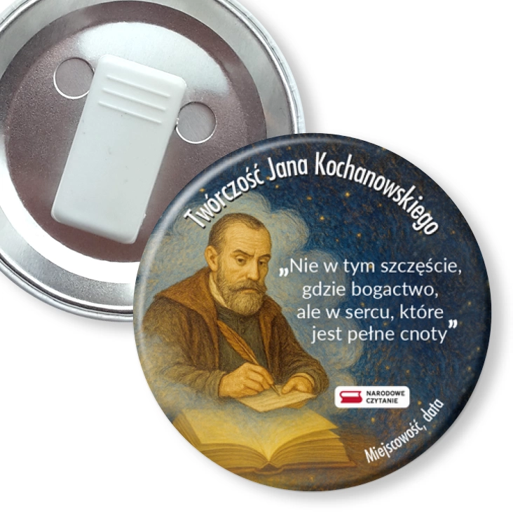 przypinka z żabką Narodowe Czytanie Jan Kochanowski na granatowym tle