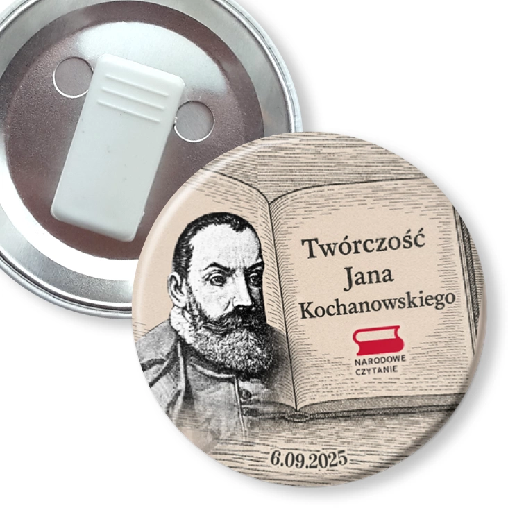 przypinka z żabką Narodowe Czytanie Twórczość Jana Kochanowskiego