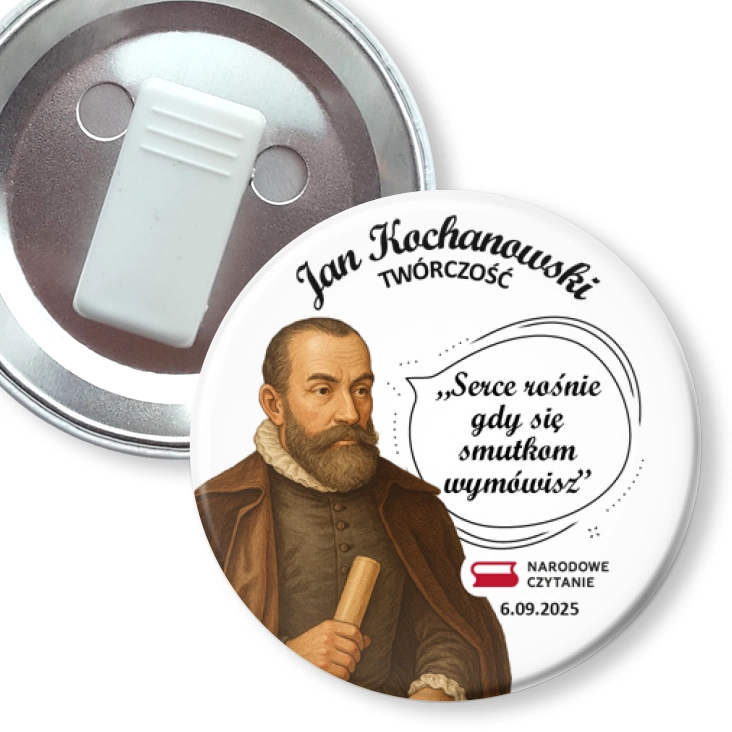 przypinka z żabką Narodowe Czytanie z cytatem Jana Kochanowskiego