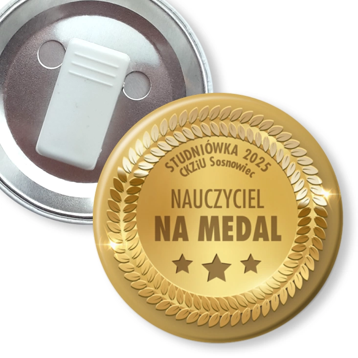 przypinka z żabką Nauczyciel na medal Studniówka CKZiU Sosnowiec