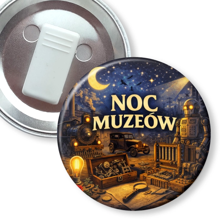przypinka z żabką Noc Muzeów - technika i przemysł