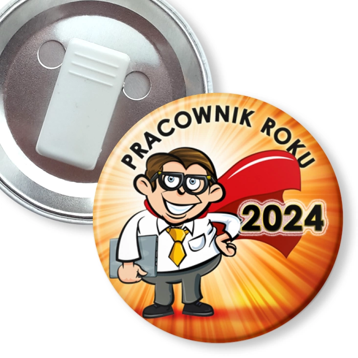 przypinka z żabką Pracownik Roku superman w okularach