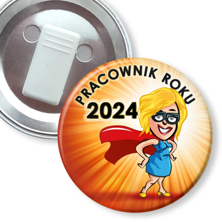 przypinka z żabką Pracownik Roku superwoman w okularach