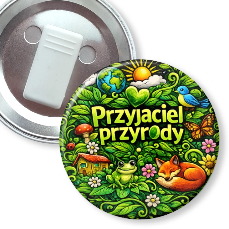 przypinka z żabką Przyjaciel przyrody na kolorowym tle