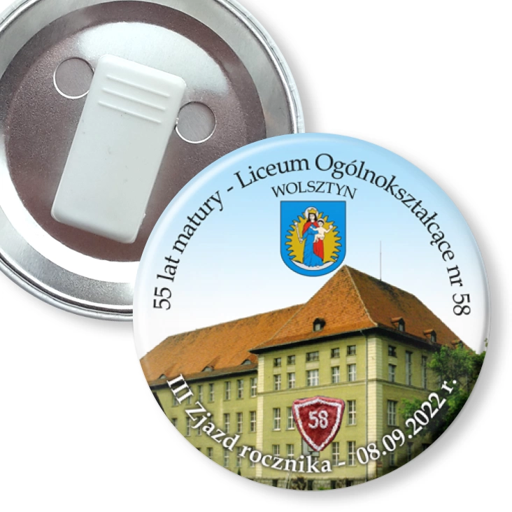 przypinka z żabką 55 lat matu w 58 LO w Wolsztynie