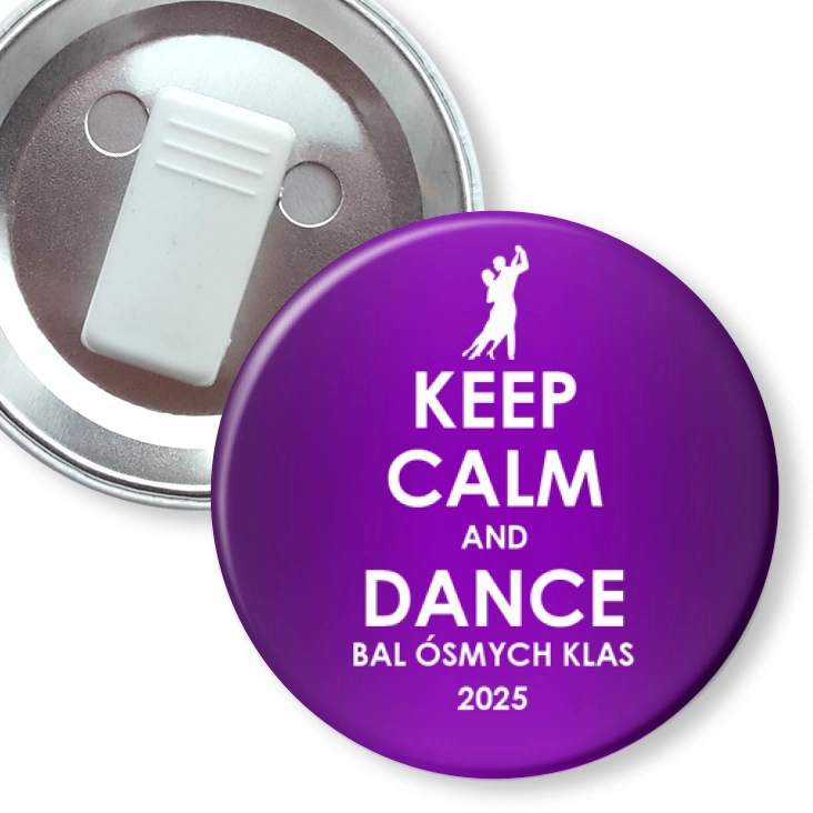 przypinka z żabką Bal Ósmych Klas keep calm and dance fioletowa