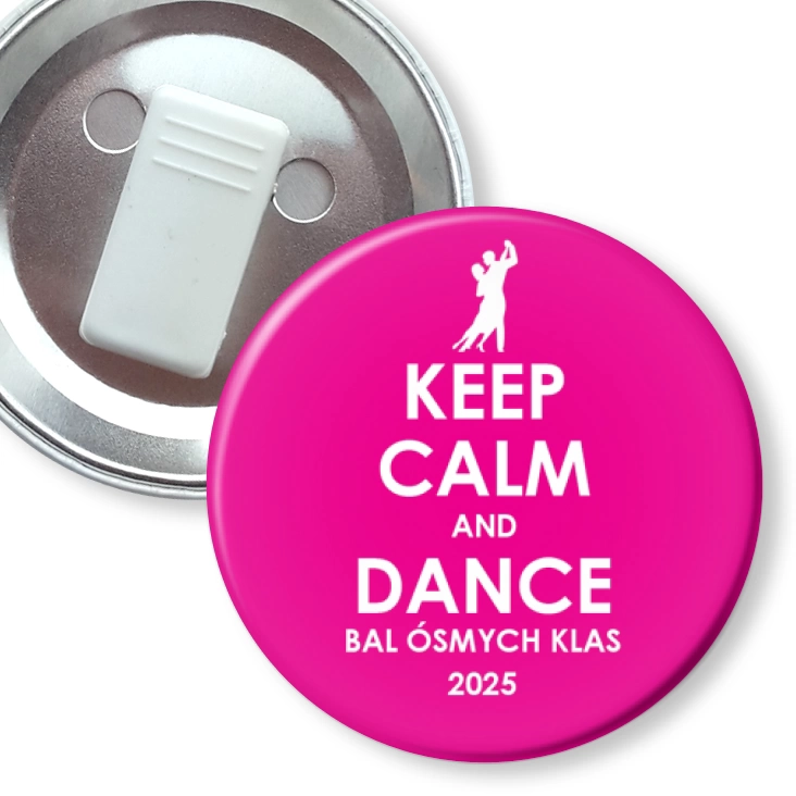 przypinka z żabką Bal Ósmych Klas keep calm and dance różowy