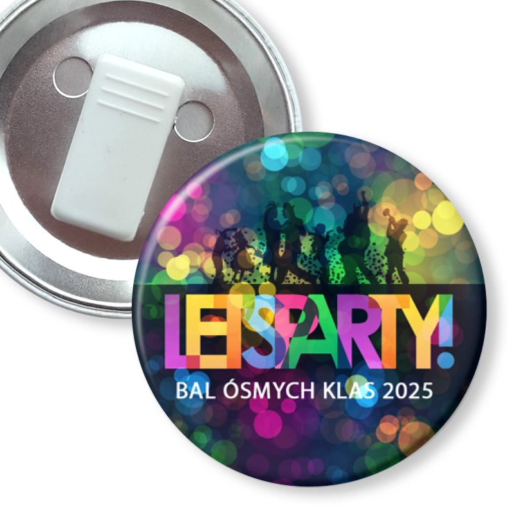 przypinka z żabką Bal Ósmych Klas kolorowe litery i światła disco