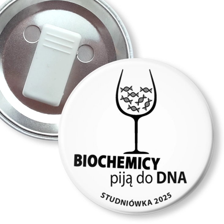 przypinka z żabką Studniówka biała biochemicy piją do dna